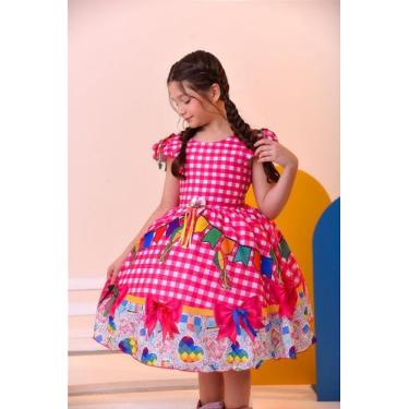 Imagem de Vestido Infantil Junino Luxo Xadrez Rosa para Festa de São João - Fabu