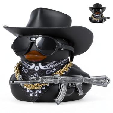 Imagem de 1PCS Black Rubber Duck with Cowboy Hat, Sunglasses, Bandana, Gold Chain & AK47 Gun - Funny Squeaky Car Dashboard Decorations for Car Accessories, Office Desk, Home Decor