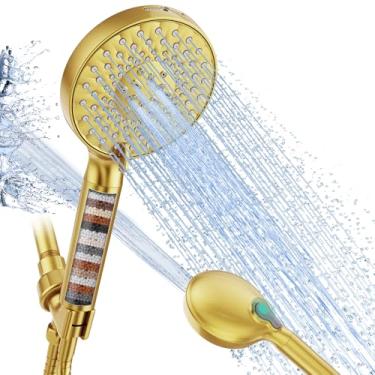 Imagem de Chuveiro filtrado com portátil, modo de pulverização 9 de alta pressão, chuveiro dourado escovado com filtros, chuveiro destacável, filtros de amaciante de água para água dura - Remova o cloro
