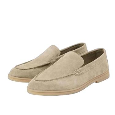 Imagem de Mocassins franceses preguiçosos britânicos de couro genuíno para deslocamento rasos confortáveis sapatos femininos sem cadarço para mulheres, Bege, 37