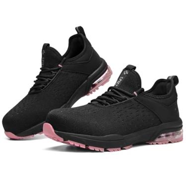 Imagem de SPIEZ Sapatos de segurança femininos leves - sapatos sem cadarço para mulheres com amortecimento de ar, tênis de trabalho antiderrapante com cadarços decorativos, calçados modernos preto e rosa