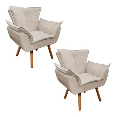 Imagem de Poltrona Sala de Estar Pé Palito de Madeira Kit 2 Opala Corino D03 - D'Rossi