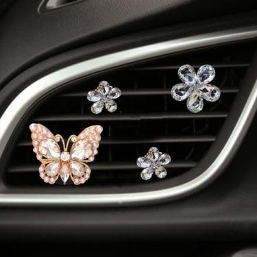 Imagem de Clipe de saída de ar de carro com flor de borboleta brilhante, 4 peças de diamante de strass de cristal fofos enfeites de saída de ar condicionado, decoração de painel interior automotivo, compatível