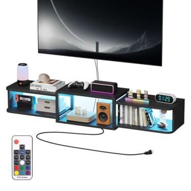 Imagem de Qupui Suporte de TV flutuante montado na parede de 118 cm com iluminação LED, prateleira moderna de console de mídia de madeira com portas USB e tomadas elétricas embutidas. Armazenamento sob a TV