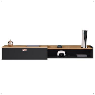 Imagem de Rack Suspenso 1.8 Estante Home Supremo King Tv Smart 55 60 65 70 Pol. 1 Porta Nicho Puxador Concha Sala Quarto - Preto/Hanover - Lojas RPM