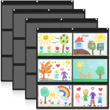 Imagem de MotiMind Tabela de 4 peças, 6 bolsos, preto para sala de aula com bolsos grandes 72 x 62 cm, tabela de bolso para agendamentos de sala de aula A4 para cartões, desenho, fotos, lição de casa