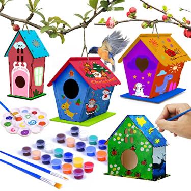 Imagem de hapray Kit de casa de pássaros, kit de casa de passarinho DIY, artes de artesanato de madeira para crianças construir e pintar (inclui tintas e pincéis) para crianças, meninas, meninos e crianças pequenas