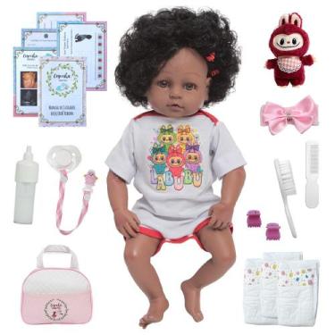 Imagem de Boneca Reborn Negra Linda Enxoval Labubu Completo Bolsa - Cegonha Rebo