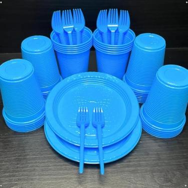 Imagem de Kit 300 Itens Descartáveis Colorido Festa Completa com Pratos Copos Garfos para 100 Pessoas(Azul Bebe)