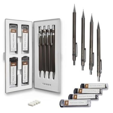 Imagem de MozArt Supplies Conjunto de lapiseira com estojo - 4 tamanhos: 0,3, 0,5, 0,7 e 0,9 mm com refis de grafite de 30 HB cada e 4 refis de borracha - esboço, desenho, arte, material de desenho (Níquel)