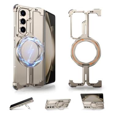 Imagem de NIFBANG Capa para celular Samsung Galaxy Z Fold 6, com suporte magnético giratório de 360°, design minimalista de metal sem moldura Z Fold 6, capa protetora à prova de choque, titânio natural