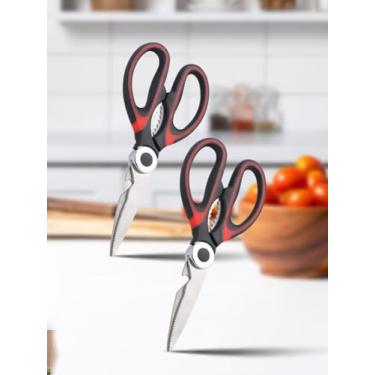 Imagem de 2 tesouras de cozinha premium resistentes ultra afiadas de aço inoxidável multifuncionais tesouras de cozinha para frango/aves/peixe/carne/legumes/ervas/churrasco (vermelho)
