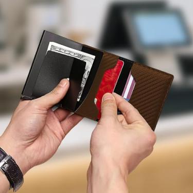 Imagem de Carteira masculina antifurto de fibra de carbono com bloqueio RFID de liga de alumínio, porta-cartões, antidesmagnetização para viagens e negócios, Café, Carteira minimalista com bloqueio