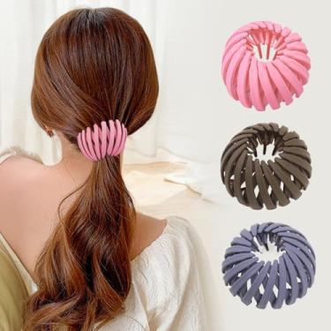 Imagem de 3 peças de acessórios de cabelo de ninho de pássaro femininos, suportes de rabo de cavalo expansíveis foscos, clipes para fazer coque preguiçoso, ninho de cabelo forte para pentear coque, rosa + bege