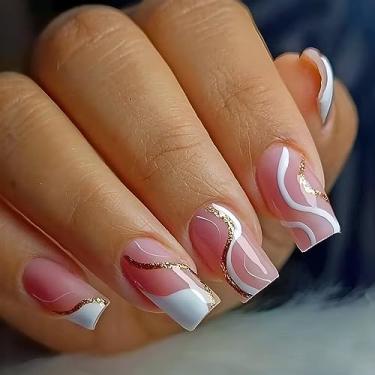 Imagem de Pregos postiços quadrados médios pregos postiços dourados glitter com design curva de coração cola nas unhas gradiente rosa branco cobertura completa acrílico bastão em unha artificial para mulheres
