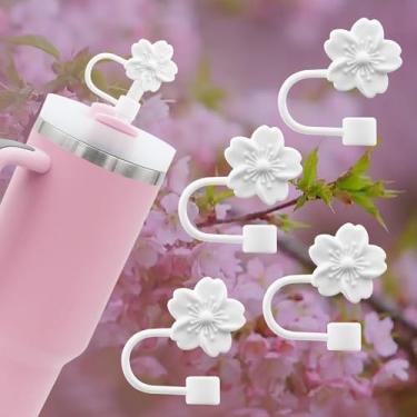 Imagem de 4 peças de tampa de palha de flores de cerejeira para Stanley Cup, bonito topo de palha 10 mm 1 cm tampas de palha reutilizáveis