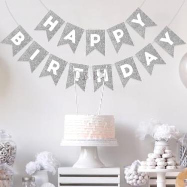 Imagem de Banner de feliz aniversário com glitter prateado para pano de fundo, decorações de aniversário de prata para mulheres e homens, guirlanda de festa, faixa para adultos, suprimentos de festa