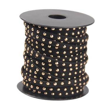 Imagem de Esquirla Cordão de camurça sintética cravejado com rebites, 20 jardas, 0,20 polegadas, fita de microfibra para bolsas, pulseiras e decoração de casa, Black Dourado