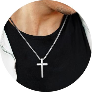 Imagem de Colar masculino com cruz, corrente de pingente de aço inoxidável em ouro, prata, preto, joia minimalista polida para uso diário ou presente, 18 Inches, Aço inoxidável, Sem Pedra Preciosa