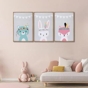 Imagem de Quadro Decorativo Amigos da Natureza Infantil 3 Telas 60x90 Cm para Qu