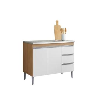 Imagem de Balcão Armário de Cozinha Andréia 100cm Amêndoa/Branco S/Tampo 2 Portas 3 Gavetas
