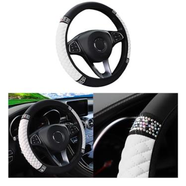 Imagem de Couslcd Capa de volante de carro brilhante, protetor de volante elástico de couro macio de strass de 38 cm, diamante de cristal brilhante para mulheres e meninas, acessórios de interior de carro para