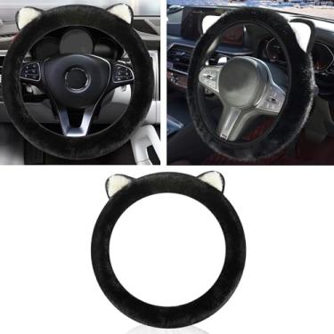 Imagem de Couslcd Capa de volante de carro, bonito protetor de volante com orelhas de gatinho, pelúcia macia e fofa para aquecer o inverno, ajuste universal de 38 cm para carro, SUV, elástico e antiderrapante