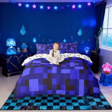 Imagem de Pixelated Blocks Conjunto de cama infantil, tamanho king, jogo de capa de edredom gamer de camuflagem do exército, capa de edredom de patchwork de grade geométrica, preto azul escuro, 2 fronhas (sem