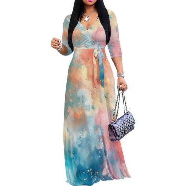 Imagem de Vestido maxi rosa Patty Floral com decote em V, mangas 3/4 e tamanho -