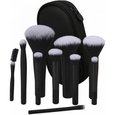 Imagem de Kit 10 Pincéis de Maquiagem Profissional com Estojo, Cerdas Sintéticas Macias para Base, Pó, Blush e Sombra, Completo para Iniciantes, Portátil para Viagem e Presente (Preto)