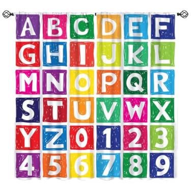 Imagem de Cortinas do alfabeto ABC infantil, tratamentos de janela com padrão de letras de giz de cera coloridas, cortinas com isolamento térmico com bolso para varão, conjunto de 2 painéis para quarto de