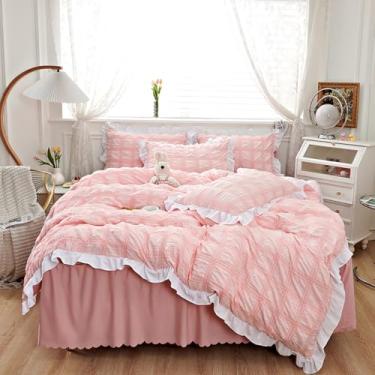 Imagem de Dokiwaki Capa de edredom com babados rosa Queen Seersucker microfibra vibrante e fronhas de primavera conjunto de 3 peças para cobertor Qulit para quarto de meninas crianças leve