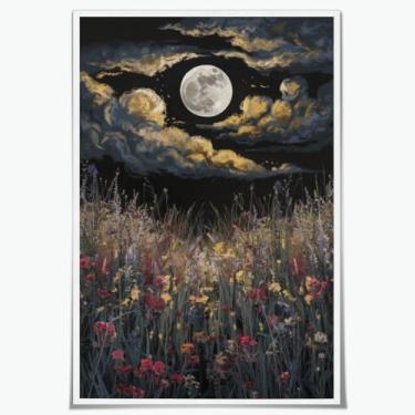 Imagem de Arte de parede vintage flores da lua retrô celestial decoração de parede floral lua estrela pôster de flores silvestres laranja amarelo rústico místico luar impressões em tela 30 x 45 cm sem moldura
