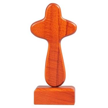 Imagem de Cruz de oração em pé de madeira com base magnética, cruz de mão para conforto, decoração de mesa cristã para casa e escritório (madeira natural)