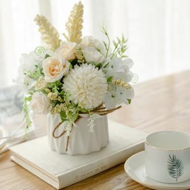 Imagem de TKAS Arranjo de flores falsas de seda artificial, pequenas rosas e hortênsias realistas em vaso de cerâmica, mesa de jantar para decoração de casa de festa de casamento (branca)