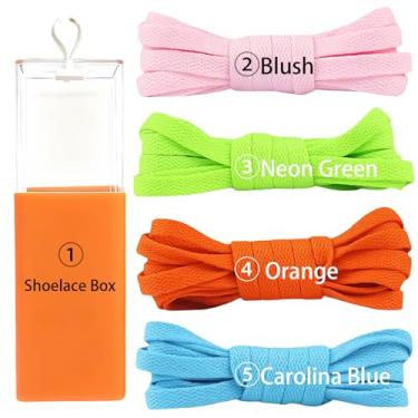 Imagem de sovida 4 pares de cadarços planos - 36 cores para cadarço de sapatos, tênis de corrida atlético, sapatos casuais, cordas para botas, 7-blush + verde neon + laranja + Carolina azul + caixa de cadarço