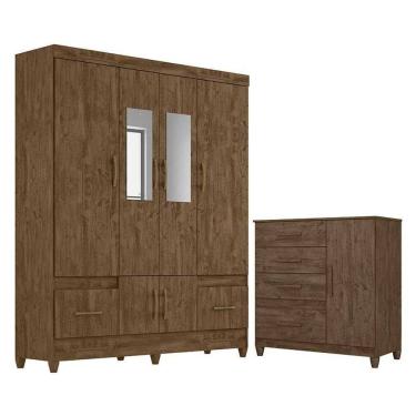 Imagem de Guarda Roupa Casal Ms912 Com Espelho E Cômoda Vênus Com Pés Castanho Wood - Moval