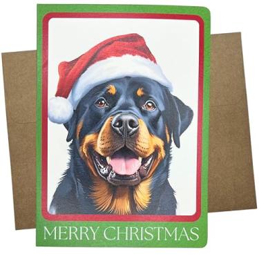 Imagem de Cartão de Natal Rottweiler Premium Holiday Rottweiler, 13 x 7 polegadas e em branco dentro, design de borda verde e vermelha, papel branco pesado com envelope Kraft, feito nos EUA - 1350
