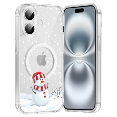 Imagem de RUMDEY Capa de celular Merry Christmas Snowman para iPhone 16 Plus, capa magnética transparente de 6,7 polegadas, compatível com Magsafe, capa com design de padrão de inverno fofo à prova de choque
