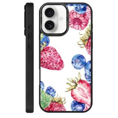 Imagem de Zhhoya Capa para iPhone 16, estampa de morango, mirtilo, fruta, preta, compatível com MagSafe, capa rígida protetora para mulheres, homens, meninos e meninas
