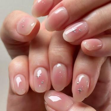 Imagem de Unhas postiças curtas redondas ombré rosa branco com estrelas simples Desien cobertura completa cola acrílica falsa em unha para mulheres, 24 peças