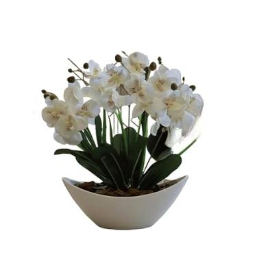Imagem de Arranjo de Orquídea Artificial Phalaenopsis com Vaso Côncavo Branco e Casca Polida - Decoração Sofisticada para Ambientes Internos(Branca)