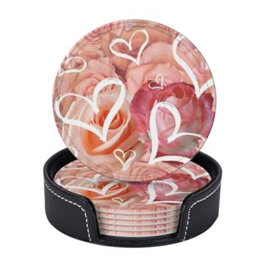 Imagem de BOXIMIAO Porta-copos com suporte, conjunto de 6, porta-copos absorventes de couro PU rosa rosa coração com base de cortiça porta-copos redondos para decoração de casa, apartamento, cozinha, bar