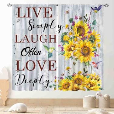 Imagem de Cortinas de girassol para cozinha, flores pretas e amarelas rústicas, citações positivas, inspiradoras, cinza, madeira, janela rural, tratamento para quarto, sala de estar, banheiro, 107 x 114 cm