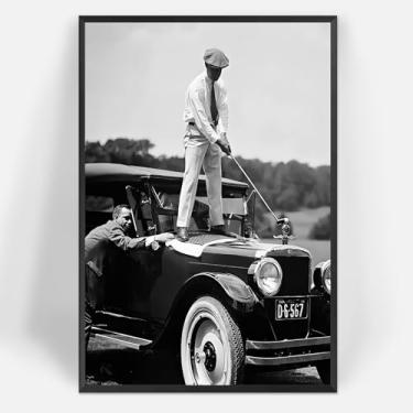 Imagem de Pôster em tela retrô de fotografia de golfe preto e branco arte de parede esportiva carro antigo golfista impressão de presente pintura para sala de estar quarto dormitório decoração de parede 20 x 30