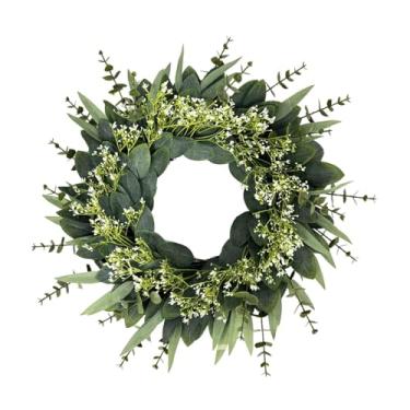 Imagem de WeiLaiKeQi Decoração de guirlanda de flores de eucalipto para parede com folhas verdes, guirlanda de primavera de 19,69 polegadas para parede, celebração de