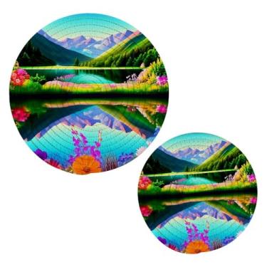Imagem de Wassud Trivet de paisagem de montanha para pratos quentes, suportes redondos de algodão, almofadas quentes, porta-copos elegantes, decoração de cozinha e acessórios, 2 peças