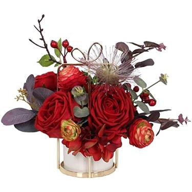 Imagem de LMJYU Conjunto de buquê de rosas artificiais, flores de seda artificial com vaso, arranjo de flores de rosa vermelha falsa para mesa de centro de mesa, decoração de casa, flores falsas