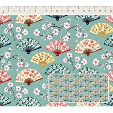 Imagem de Tecido Tricoline digital Coleção Cute Kokeshi leques 50 x 150 cm