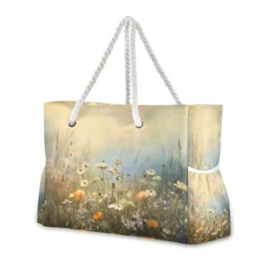 Imagem de Wassud Bolsa de praia artística, floral, grande, para mulheres, impermeável, à prova de areia, bolsa de viagem com zíper e bolso para piscina, academia, acampamento
